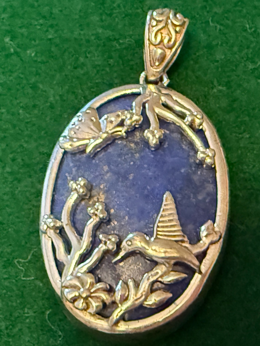 Silvertone  Hummingbird & Floral Lapis Pendant - Blue Oval Necklace